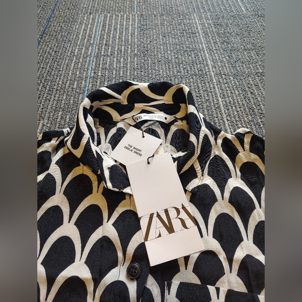 Zara Black & White Printed Tie-Waist Long Sleeve Dress - Picture 3 of 5